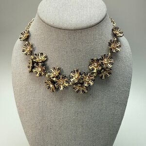 Vintage Black Enamel Flower Gold Tone Choker Necklace 14" Adjustable Rhinestones